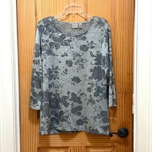 Chico's Easywear Women’s Gray Floral Metallic 3/4 Sleeve Top Sz 2 (L)